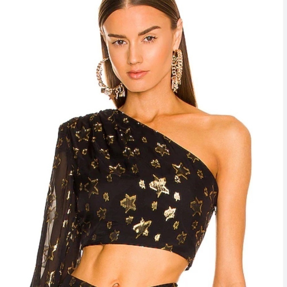 Dundas x Revolve Black Gold Metallic Star One Shoulder Crop Top Size S